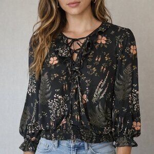 Divided size 8 Floral Black Blouse, sheer long sleeve flowy airy light weight